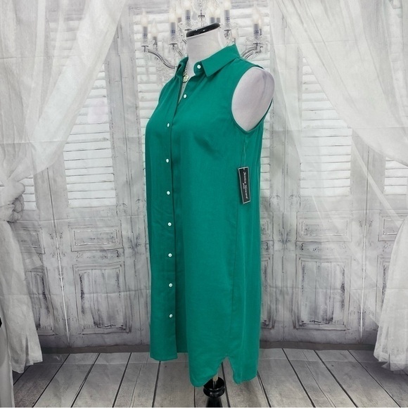 Jessica Howard Size 8 Petite 8P Solid Green Button Front Linen Mini Shirt Dress - Picture 8 of 13
